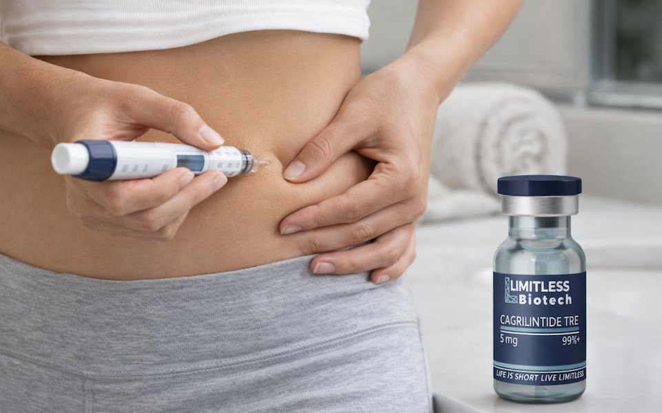 Woman administering a subcutaneous abdominal injection using a peptide injector pen with a cagrilintide vial from Limitless Life Nootropics shown on the counter.