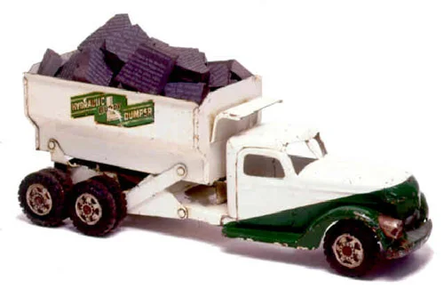 Kate Ericson and Mel Ziegler, Loads of History, 1994-1996, Toy trucks collected from flea markets, black Alabama marble sandblasted with text from used history books, Edition of 22
