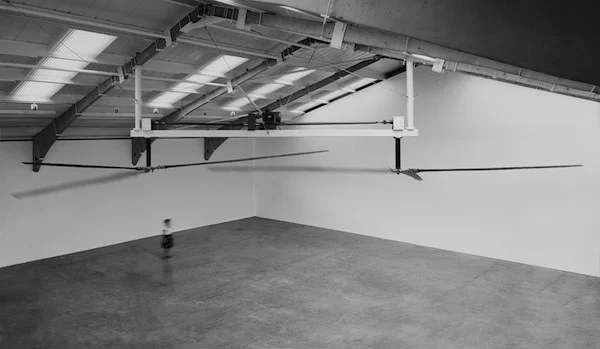 Chinook (42 revolutions per minute), 2014, Helicopter blades, rotor hubs, motor, gearboxes, steel, 247 x 2033 x 1300 cm Installation view: Yorkshire Sculpture Park, 2014