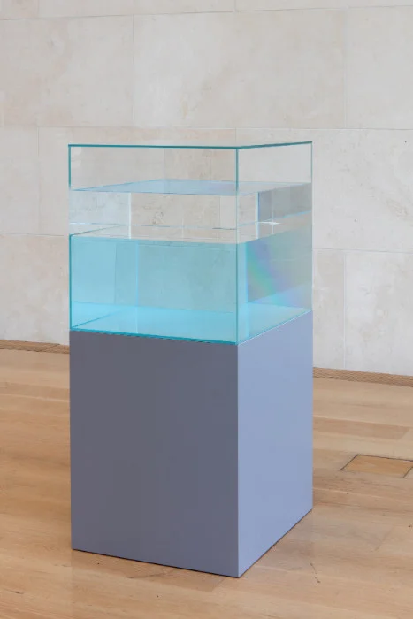 Ann Veronica Janssens, blue wind, 2010, Glass, distilled water, paraffin oil, wooden base, 21.5 x 21.5 x 21.5 inches, base 21.5 x 21.5 x 25.5 inches.