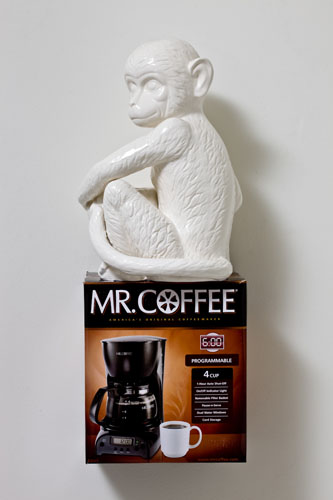 Lyall&Rayne, Mr. Coffee Monkey, 2010, Ceramic, cardboard, coffee pot, 25 x 9 1/2 x 9 in.