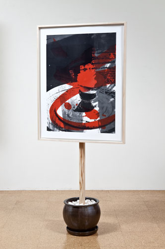 Lyall&Rayne, Dirty Hands #7, 2010, Inkjet, silkscreen and lithograph on paper, frame, wood, cement, ceramic pot, 60 3/4 x 26 5/8 in.