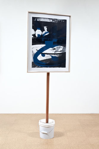 Lyall&Rayne, Dirty Hands #3, 2010, Inkjet, silkscreen and lithograph on paper, frame, wood, cement, ceramic pot, 72 1/4 x 26 5/8 in.