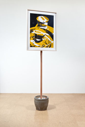 Lyall&Rayne, Dirty Hands #6, 2010, Inkjet, silkscreen and lithograph on paper, frame, wood, cement, ceramic pot, 84 1/2 x 26 5/8 in.