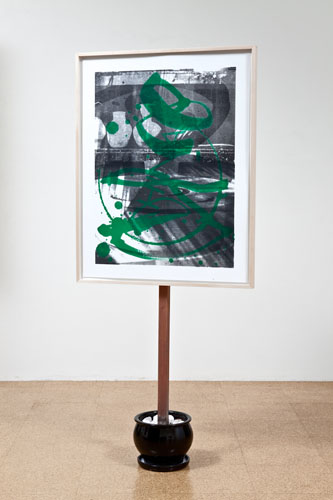 Lyall&Rayne, Dirty Hands #5, 2010, Inkjet, silkscreen and lithograph on paper, frame, wood, cement, ceramic pot, 60 1/2 x 26 5/8 in.