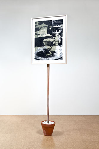 Lyall&Rayne, Dirty Hands #2, 2010, Inkjet, silkscreen and lithograph on paper, frame, wood, cement, ceramic pot, 84 1/2 x 26 5/8 in.