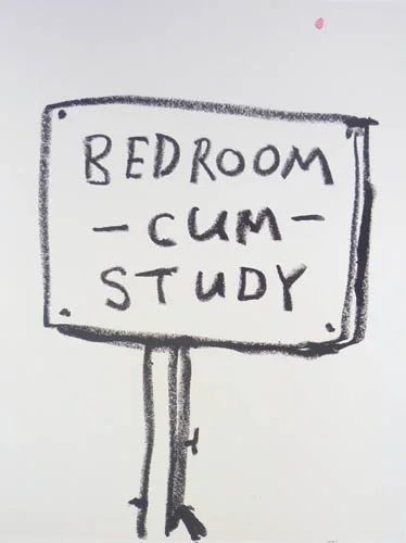 John Reynolds, II. (Bedroom Cum Study), 2008, Oil stick, hand painted paper, 14 1/2 x 11 1/2 in. (36.8 x 29.2 cm)