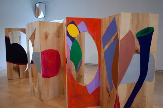 Jessica Stockholder, Hollow Places Fat; Hollow Places Thin, 2011, American ash wood, paint, plywood, installation view, Aldrich Contemporary Art Museum, Ridgefield, CT