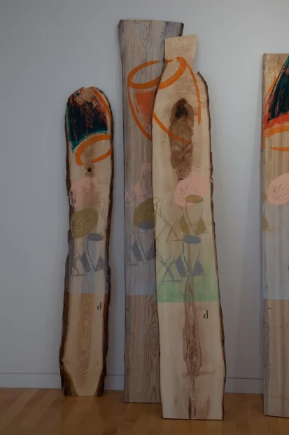 Jessica Stockholder, Ash-Tree Wood (Sound Gallery), 2011, screenprinting inks on American ash wood and glass window, installation view, Aldrich Contemporary Art Museum, Ridgefield, CT