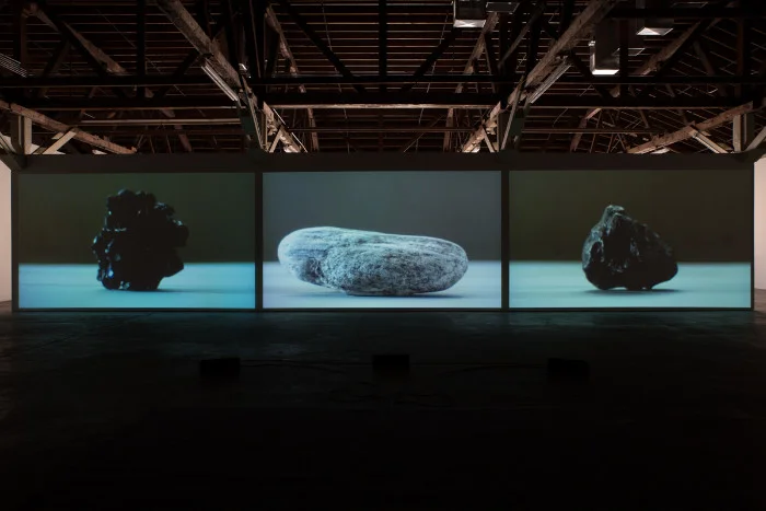 Kerry Tribe, The Aphasia Poetry Club, 2015, Three-channel video with sound, 28:27 minutes. Installation view, The Lost Note, 2015, 356 Mission, Los Angeles.