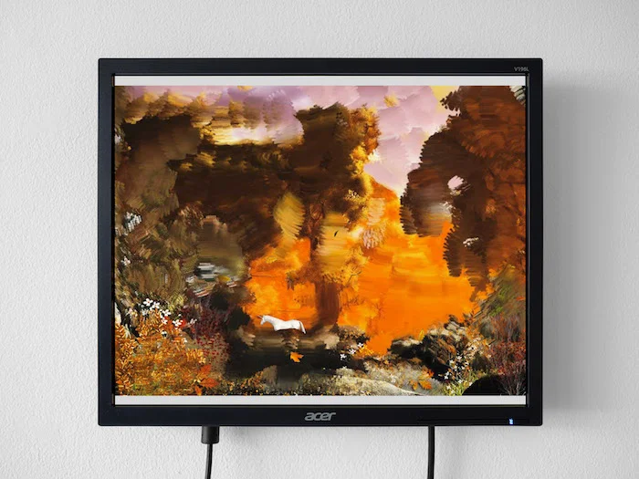Petra Cortright, Autumn Forest-with_painted_background, 2017, flash animation, 13 1/2 x 16 inches (monitor).