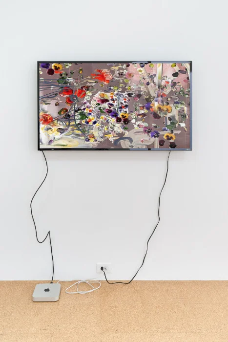 Petra Cortright, bollywood stars nude_creatine Pyruvate, 2017, digital video, 28 1/4 x 49 inches (monitor). Installation view, quack doctor violet "saltwater fish", 2017, 1301PE, Los Angeles, CA.