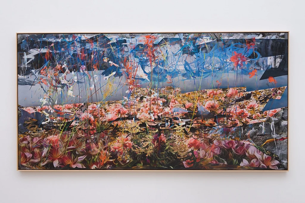Petra Cortright, Rodenstock prasizioniptik rofin-sinar tech, 2017, Digital painting on Belgian linen, 47 x 92 inches.
