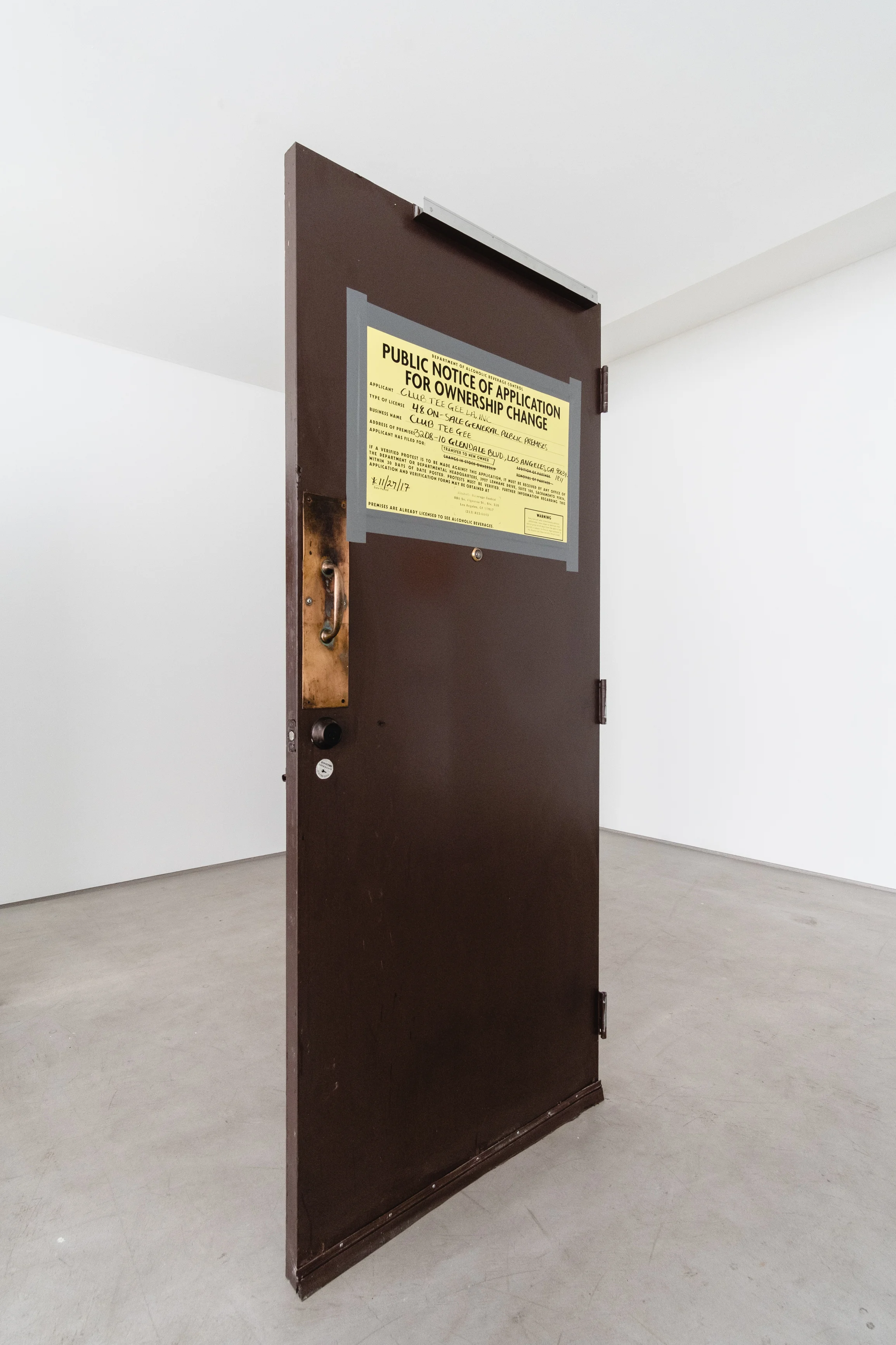 Fiona Connor, Closed Down Clubs, Club Tee Gee LA, 2018, Wooden Doors, silk screen on coated aluminum foil, tape, surface coatings