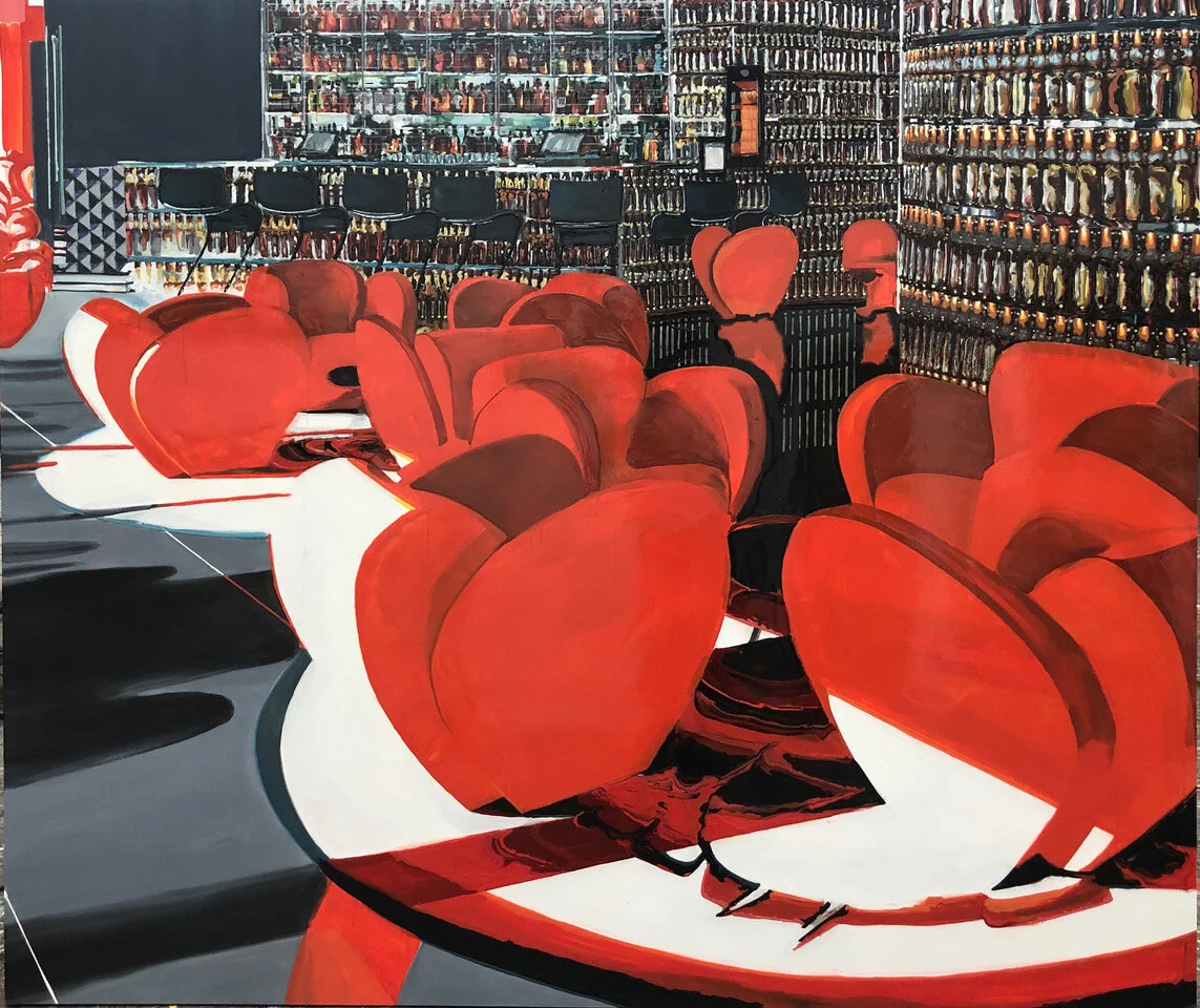 Kirsten Everberg, Next Bar, 2019 Oil and enamel on canvas over wood, 72 x 63 inches