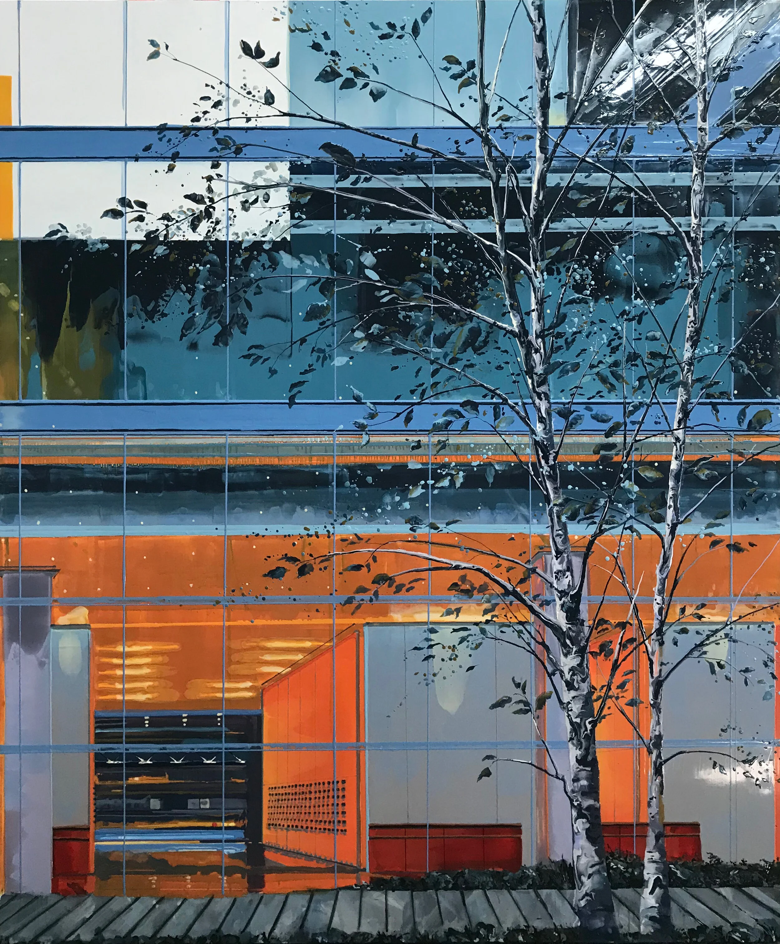 Kirsten Everberg, 620 Eighth Avenue (NYT), 2018, Oil and enamel on canvas over wood panel, 72 x 60 inches