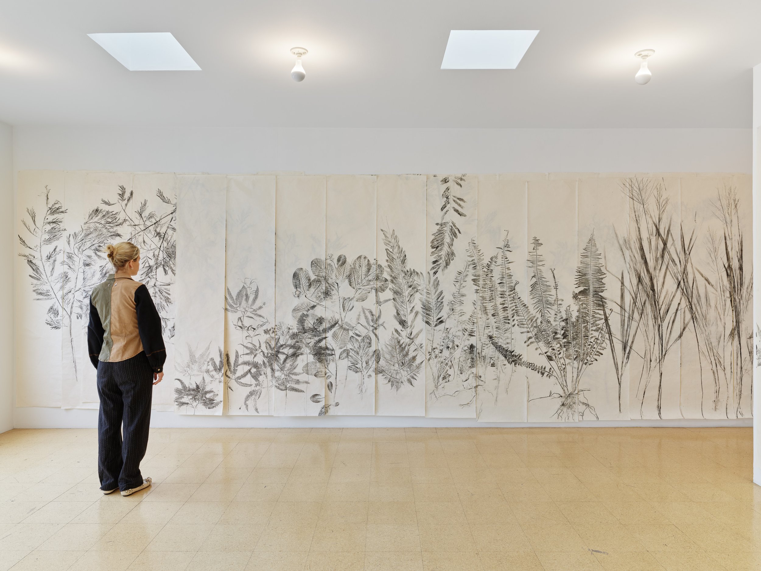  Installation View: Simryn Gill,  Fall then , 2023, Ink rubbing on washi paper, 94.09 x 1732.28 inches, 239 x 4400 cm, Each Panel: 239 x 50cm. 