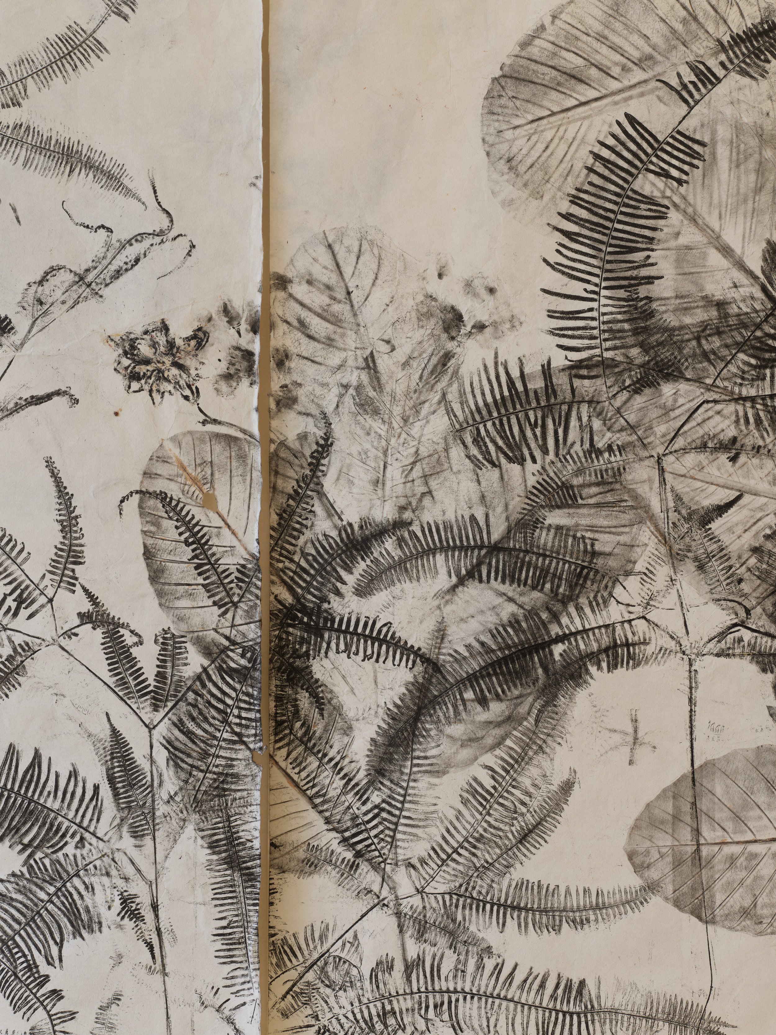  Detail: Simryn Gill,  Fall then , 2023, Ink rubbing on washi paper, 94.09 x 1732.28 inches, 239 x 4400 cm, Each Panel: 239 x 50cm. 