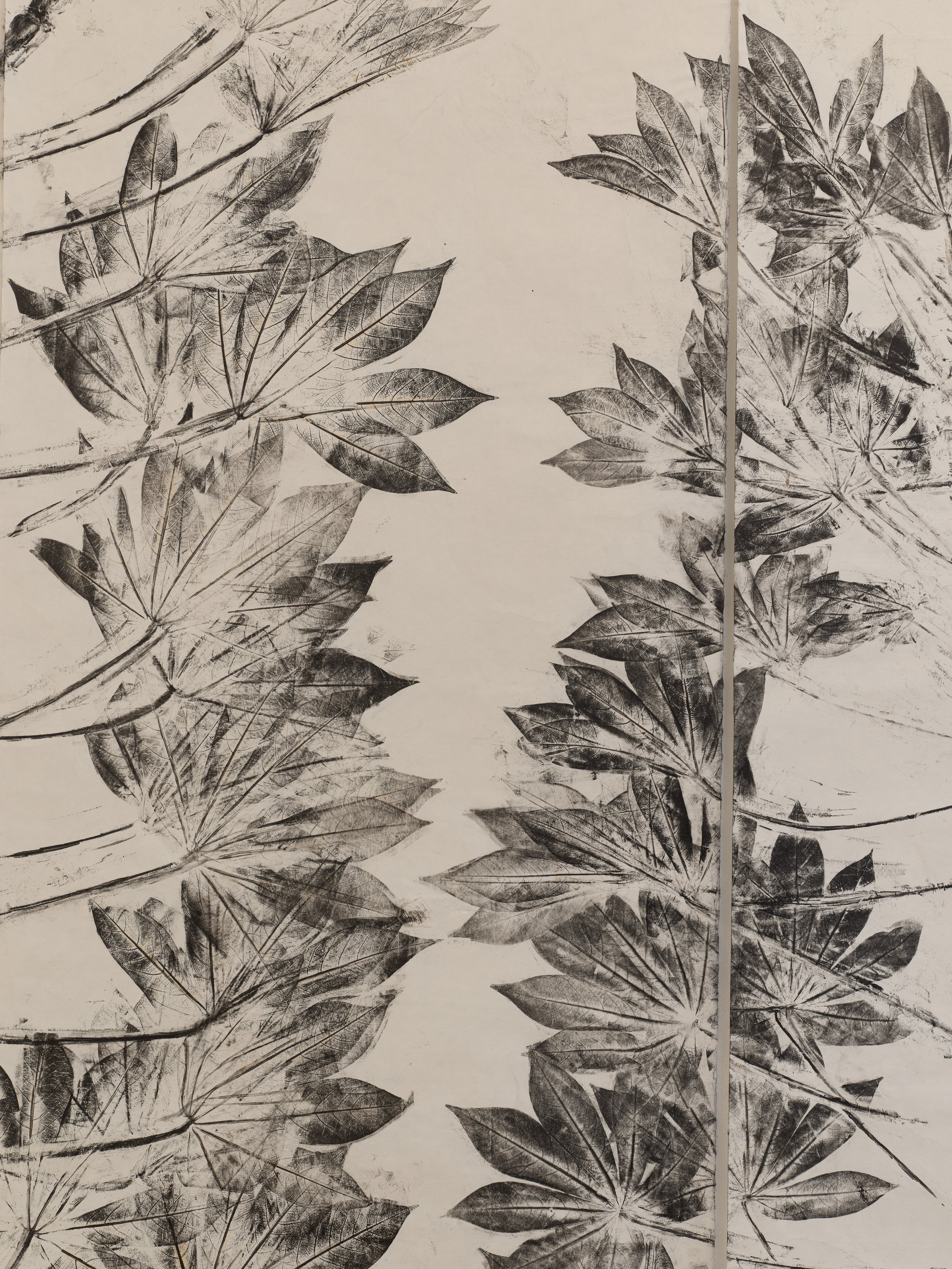  Detail: Simryn Gill,  Fall then , 2023, Ink rubbing on washi paper, 94.09 x 1732.28 inches, 239 x 4400 cm, Each Panel: 239 x 50cm. 