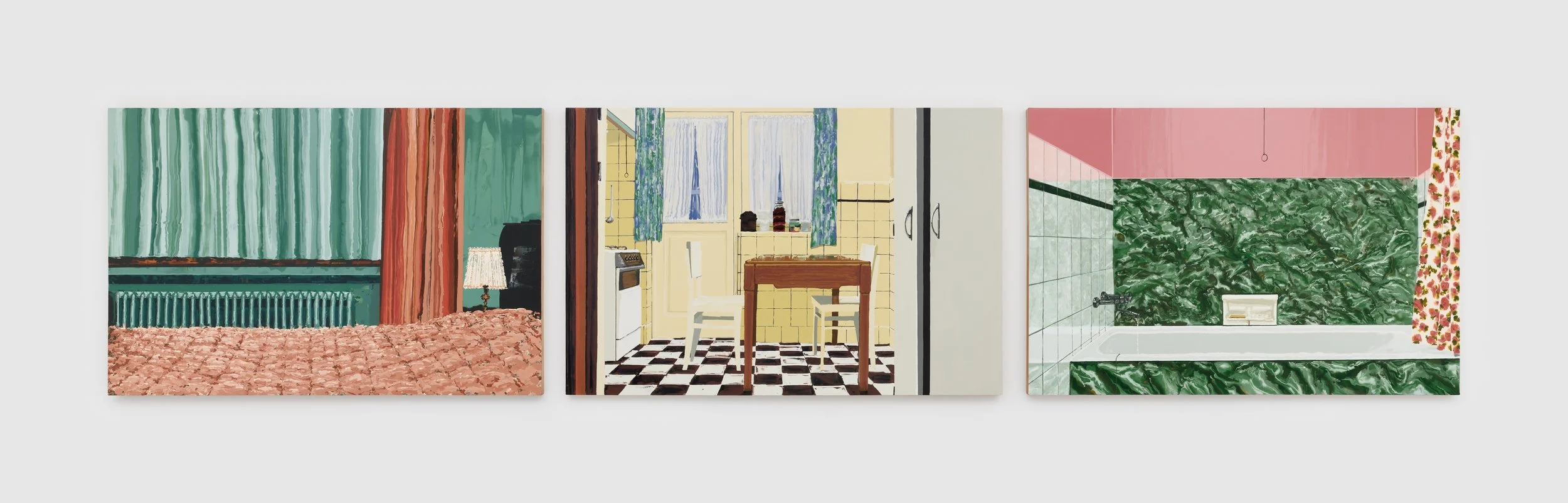 Kirsten Everberg, Bedroom, Kitchen, Bath (Jeanne Dielman), 2023, Oil & enamel on wood panel, 48 x 225 inches (121.9 x 571.5 cm)