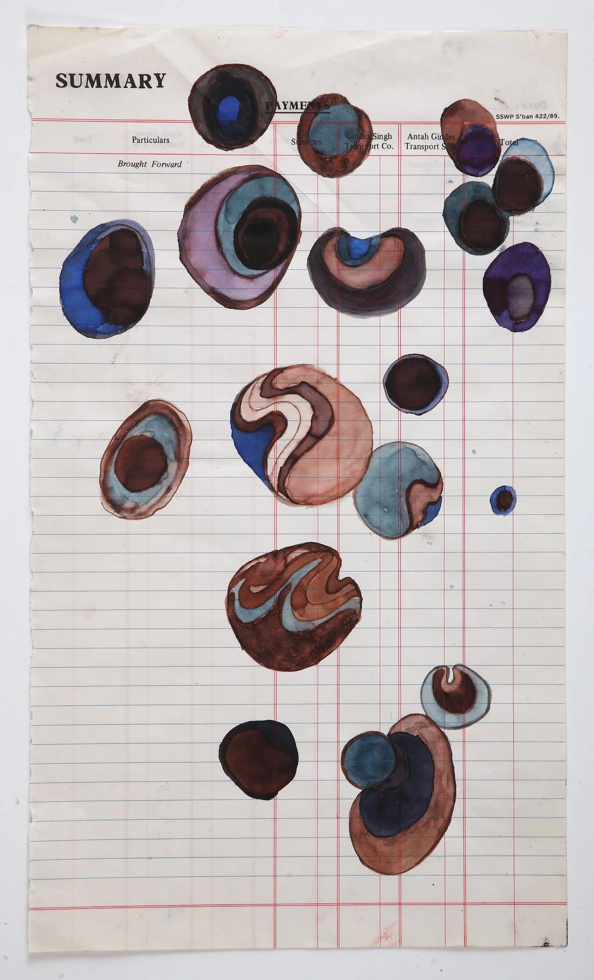 Simryn Gill, Ink collage drawing: GS Ledger 1 (2016); Collage on ledger paper; 8.46 x 14.37 inches; 21.5 x 36.5 cm