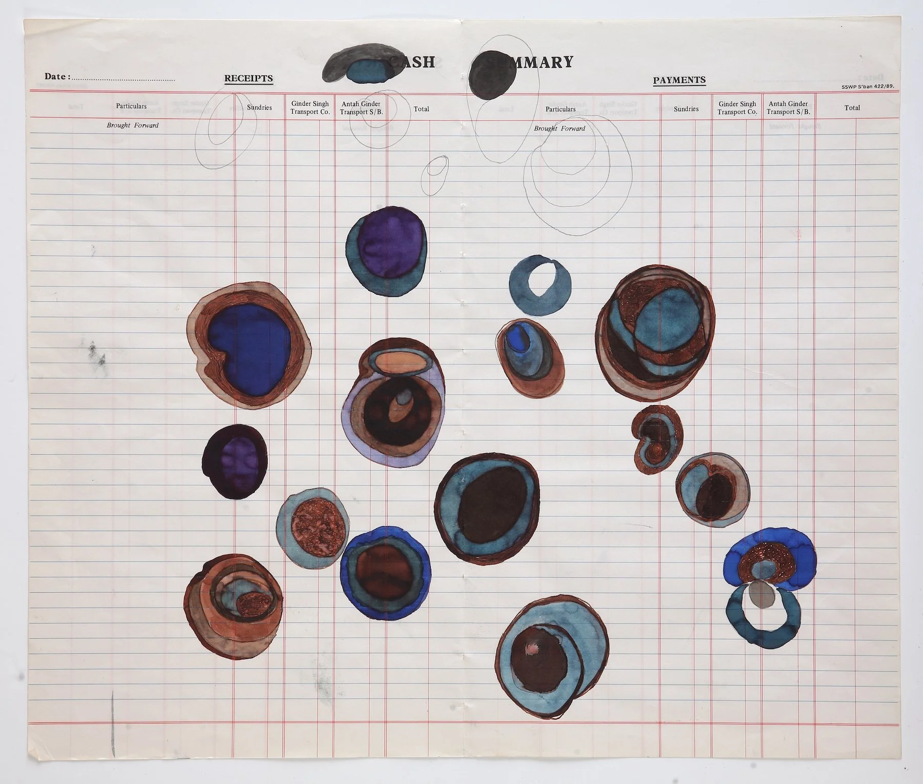 Simryn Gill, Ink collage drawing: GS Ledger 8 (2016); Collage on ledger paper; 14.37 x 16.93 inches; 36.5 x 43 cm