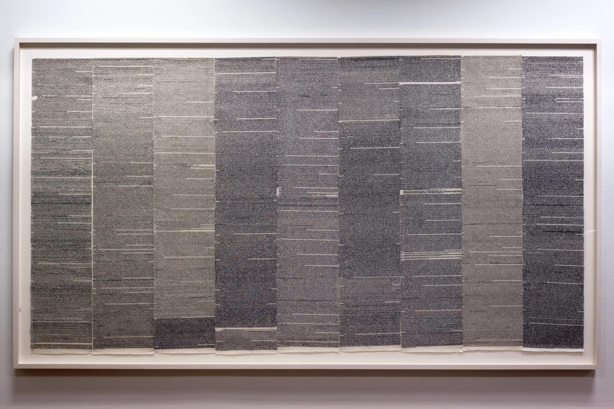Simryn Gill, Where to draw the line (2011–12); Typewriting on nine sheets of paper; 40.25 x 74.75 inches; 102.2 x 189.9 cm; Collection of MoMA, New York.