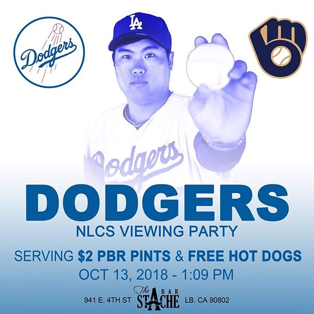 @dodgers back at it today. Doors open at 12:30. $2 @pabstblueribbon pints and Free Hot Dogs. Get here! #longbeach #nlcs
