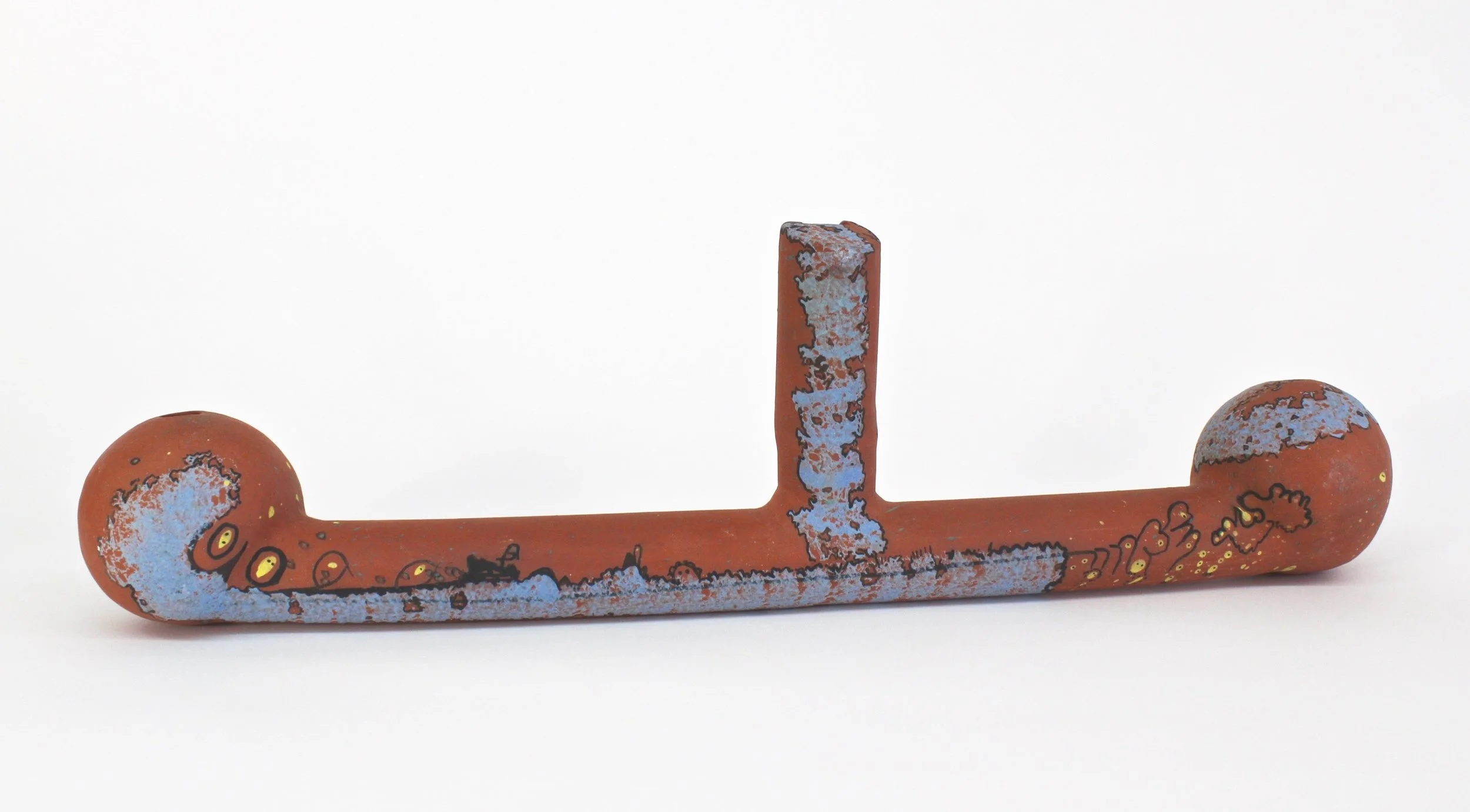 Large water flute: 6"H X 21.5W X 3"D This water flute design grew out of my studies of ancient prehispanic flutes. Being handmade, each is very different, yet they all work similarly. I have widely taught others how to make and play flutes including water flutes.