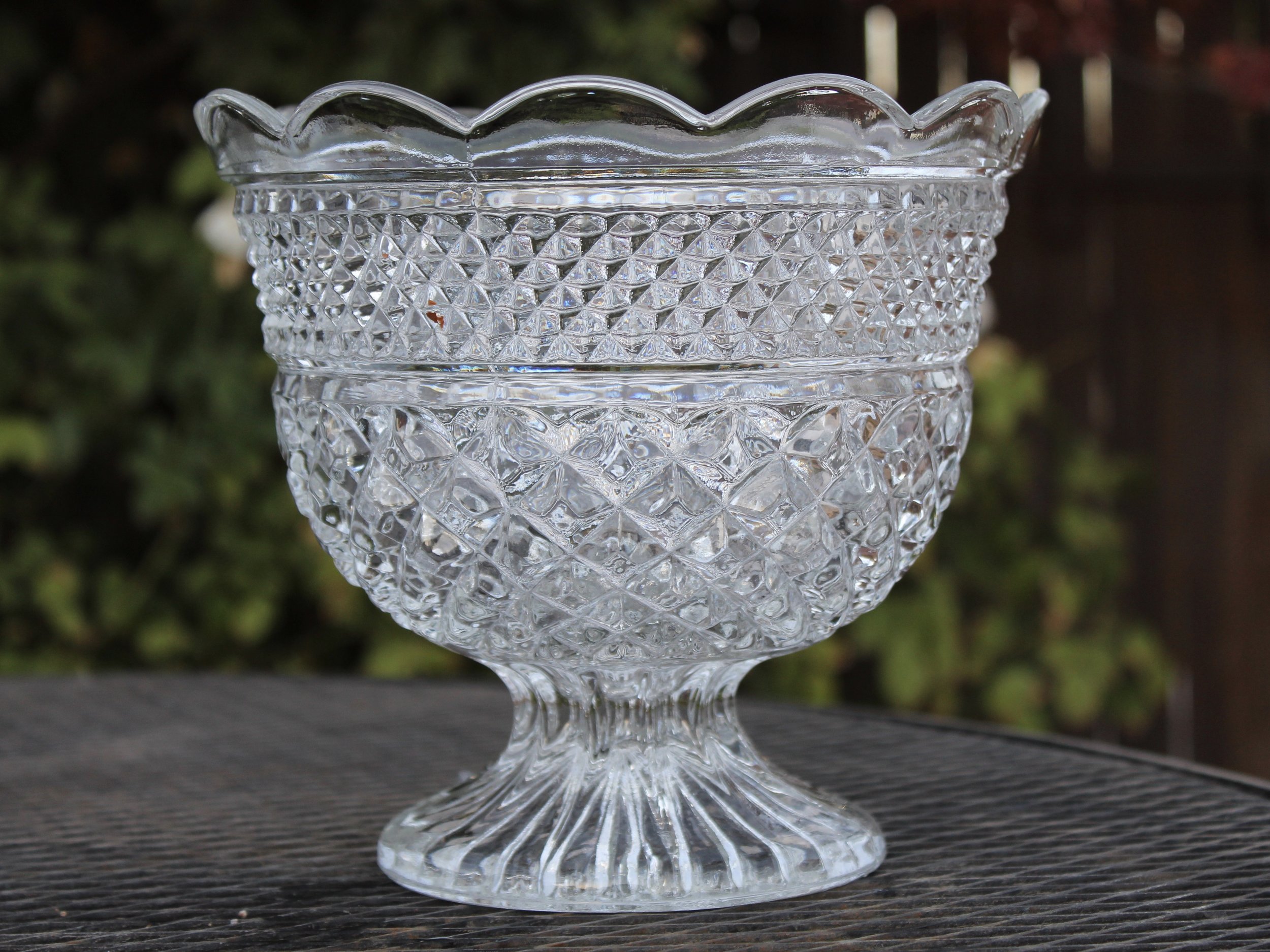 Indiana Glass Clear Diamond Point Scalloped Footed Vase Urn Candy Dish