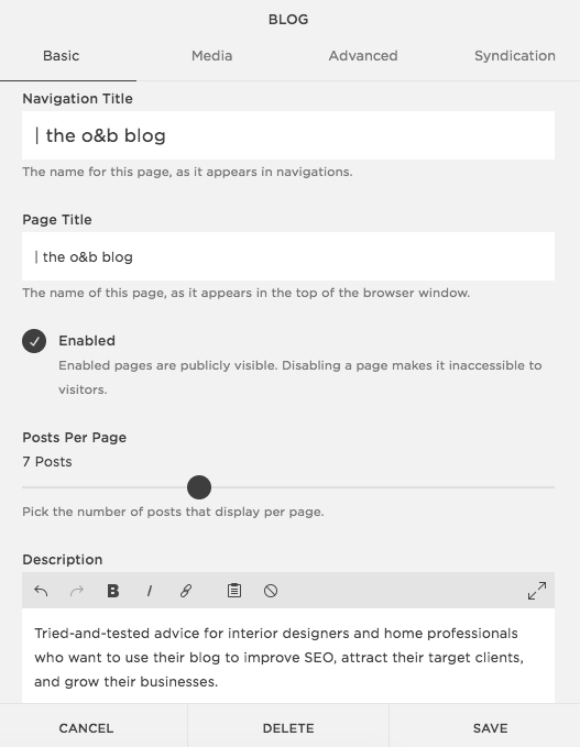Screenshot of how to add meta description for blog SEO within Squarespace.