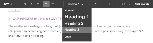 Screenshot example of choosing h1, h2, and h3 headers within Squarespace blog post.