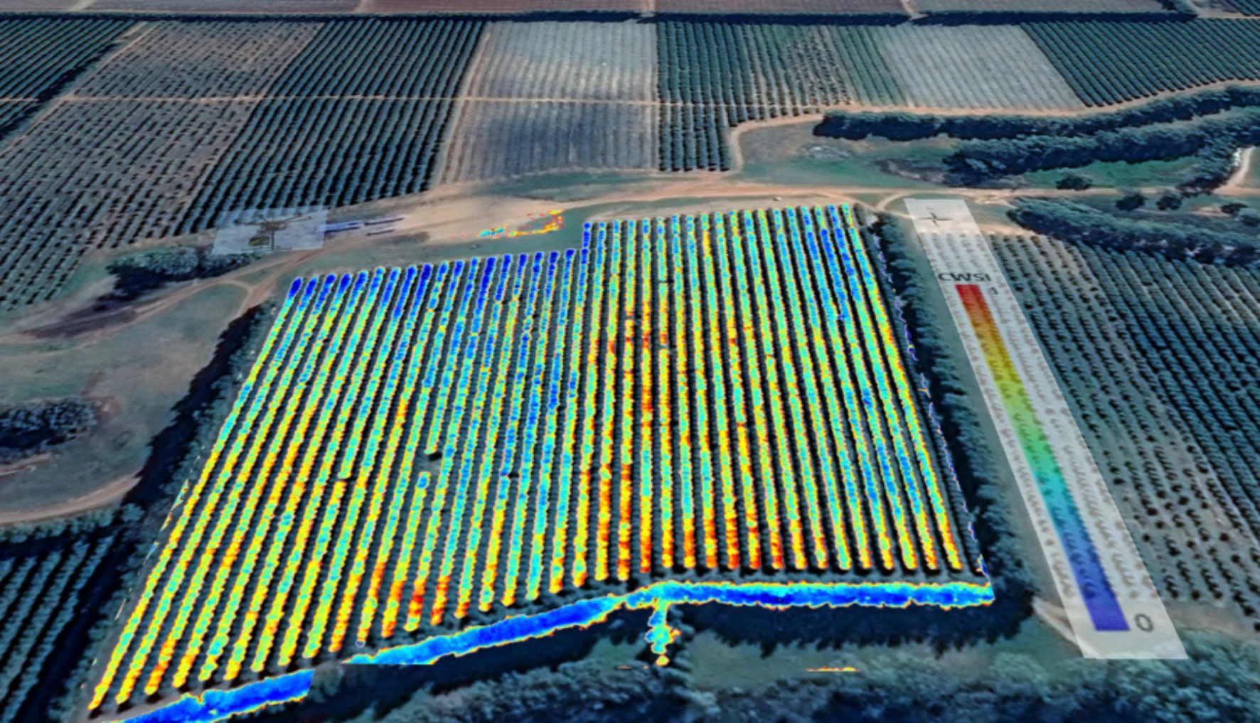 Figure 1. Water stress map of a citrus field in Mildura, Victoria, Australia. This project is funded by Hort-Eye Pty Ltd.