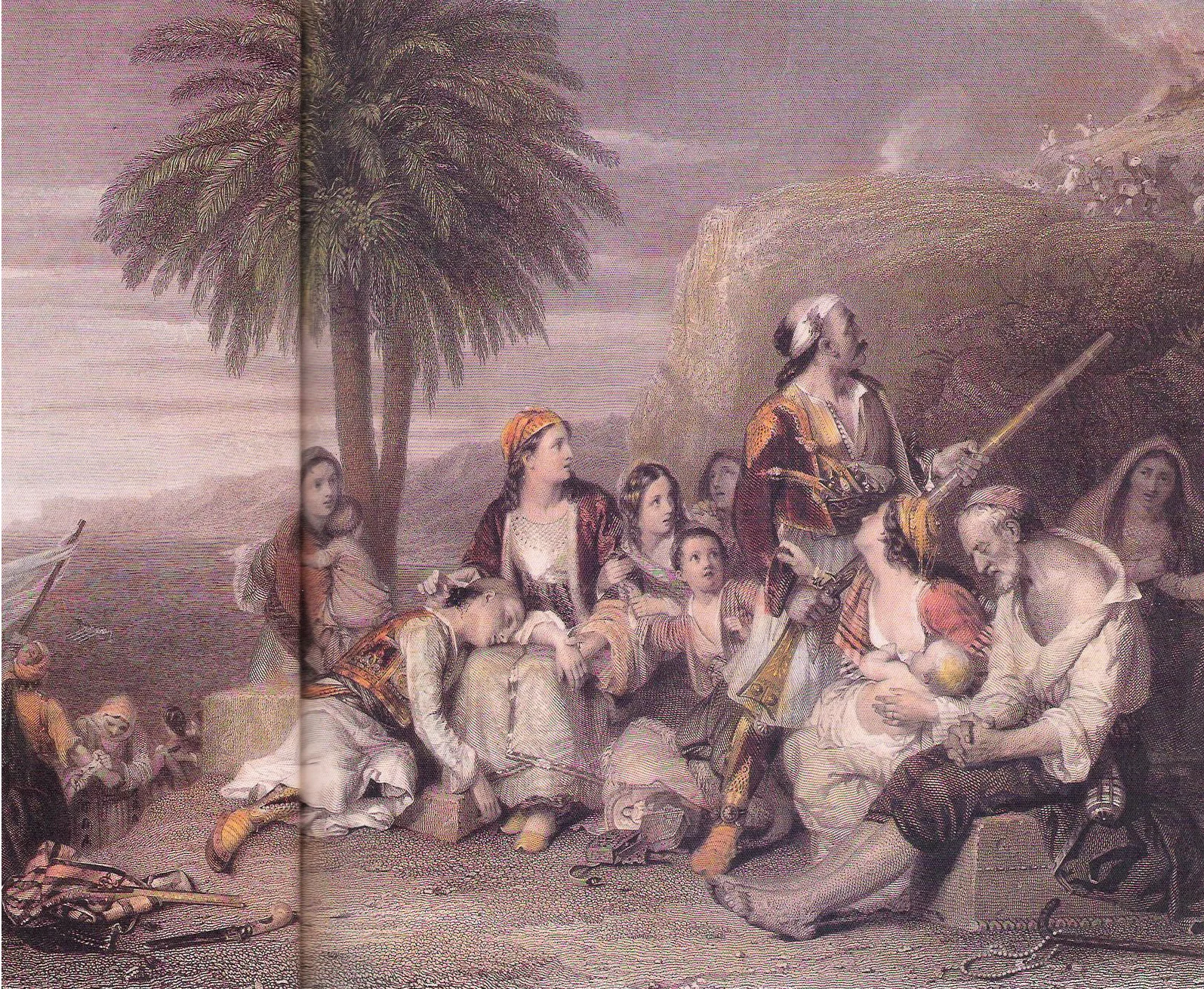 Suliote families felling from Ali Pasha. English ships offshore are waiting to escort them to safety in the Ionian Islands. Nineteenth century engraving, J. Goodyear.