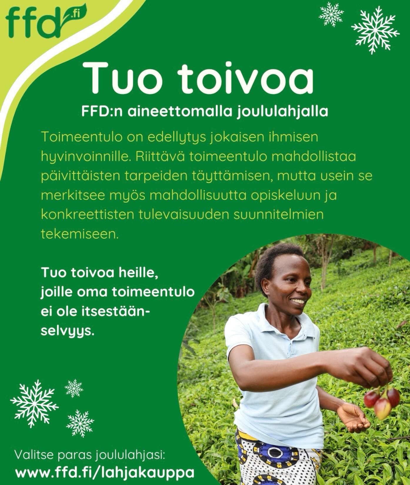 🎄 Joulu kolkuttelee ovella ja on t&auml;ydellinen hetki tuoda l&auml;mp&ouml;&auml; ja merkityst&auml; antaessasi lahjan. 🎁 Valitse t&auml;n&auml; vuonna aineeton joululahja Food and Forest Development Finlandin (FFD) lahjakaupasta &ndash; anna toi