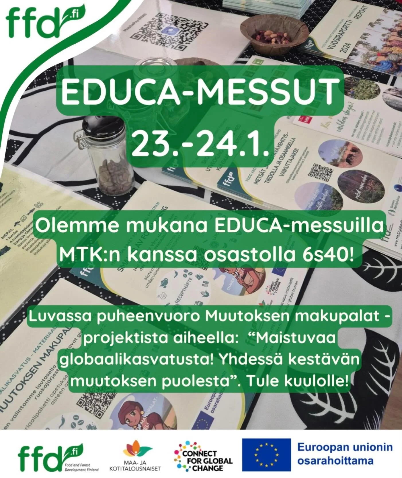 ✨ FFD mukana Educassa 23.&ndash;24.1.!
&nbsp;
FFD on mukana pohjoismaiden suurimmassa opetus- ja kasvatusalan tapahtumassa Educassa Helsingin Messukeskuksessa 23.&ndash;24.1.

L&ouml;yd&auml;t meid&auml;t osastolta 6s40 yhdess&auml; @mtk.ry kanssa &n