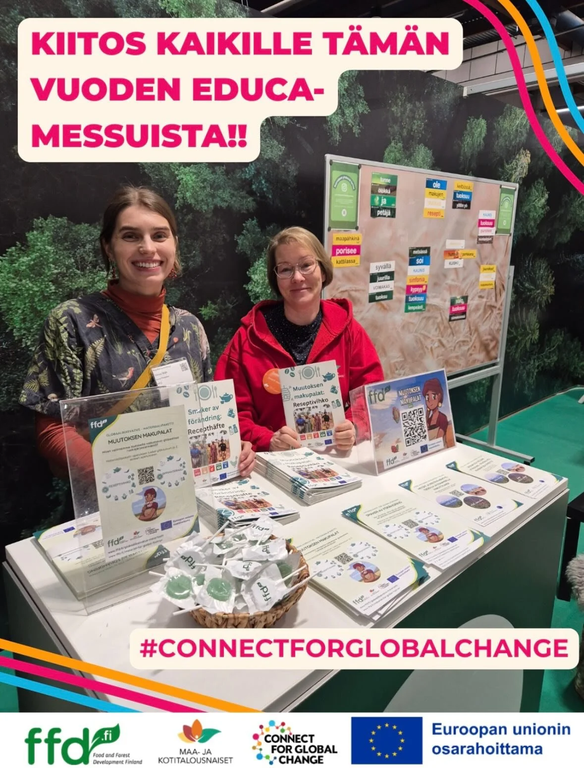 Kiitos kaikille, jotka piipahtivat Muutoksen makupalat -loppuseminaarissa ja st&auml;ndill&auml;mme Educassa!
&nbsp;
Oli mahtavaa jutella kanssanne meid&auml;n ty&ouml;st&auml;, Muutoksen Makupalat -globaalikasvatusmateriaaleista ja pelata yhdess&aum