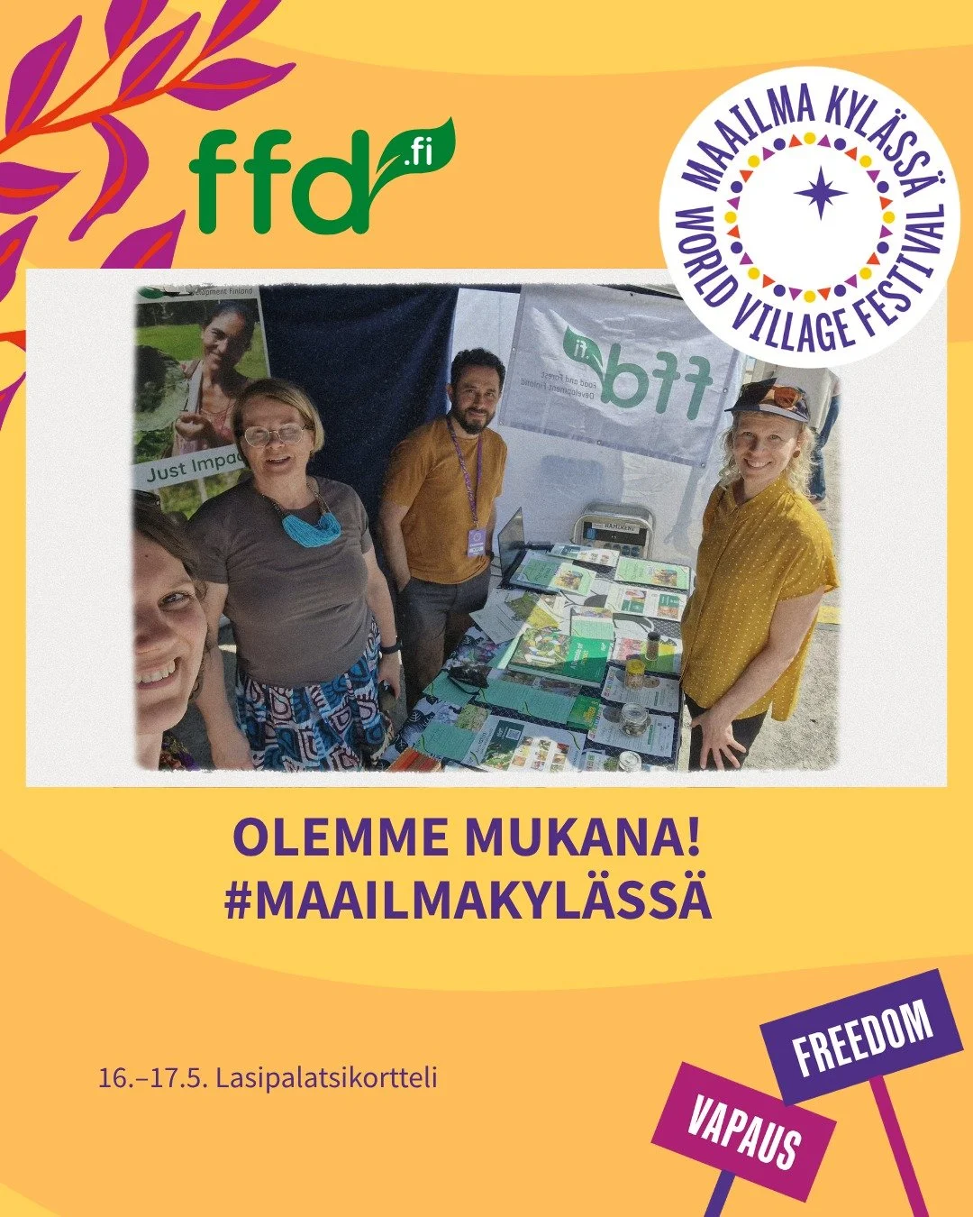 🌍 Tavataan Maailma kyl&auml;ss&auml; -festareilla!

FFD l&ouml;ytyy Mahdollisuuksien torilta, paikalla B28 Bio Rexist&auml; tulevana viikonloppuna &ndash; tule moikkaamaan, keskustelemaan ja inspiroitumaan kest&auml;v&auml;st&auml; ruoantuotannosta 