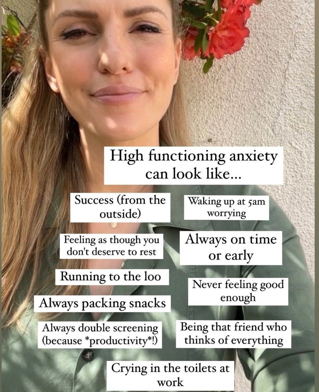 Hands up who feels seen looking at this image from anxiety expert Chloe Brotheridge?! 😳⁠
⁠
And who can relate to more than one or two of these symptoms of 'High Functioning Anxiety'?⁠
⁠
The good news is that - if they're not serving you - these feel