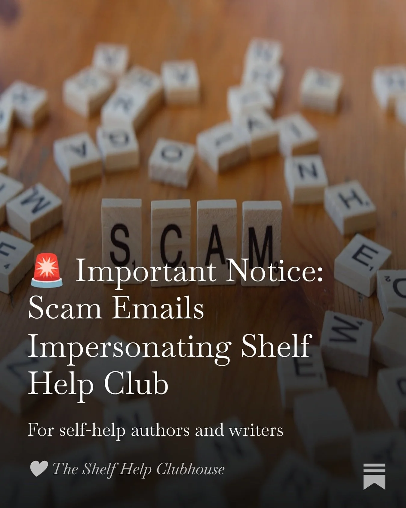 🚨 COMMUNITY NOTICE 🚨

It has come to my attention that someone is currently sending emails pretending to represent The Shelf Help Club.

These messages are targeting authors and offering opportunities such as book club appearances or promotional su
