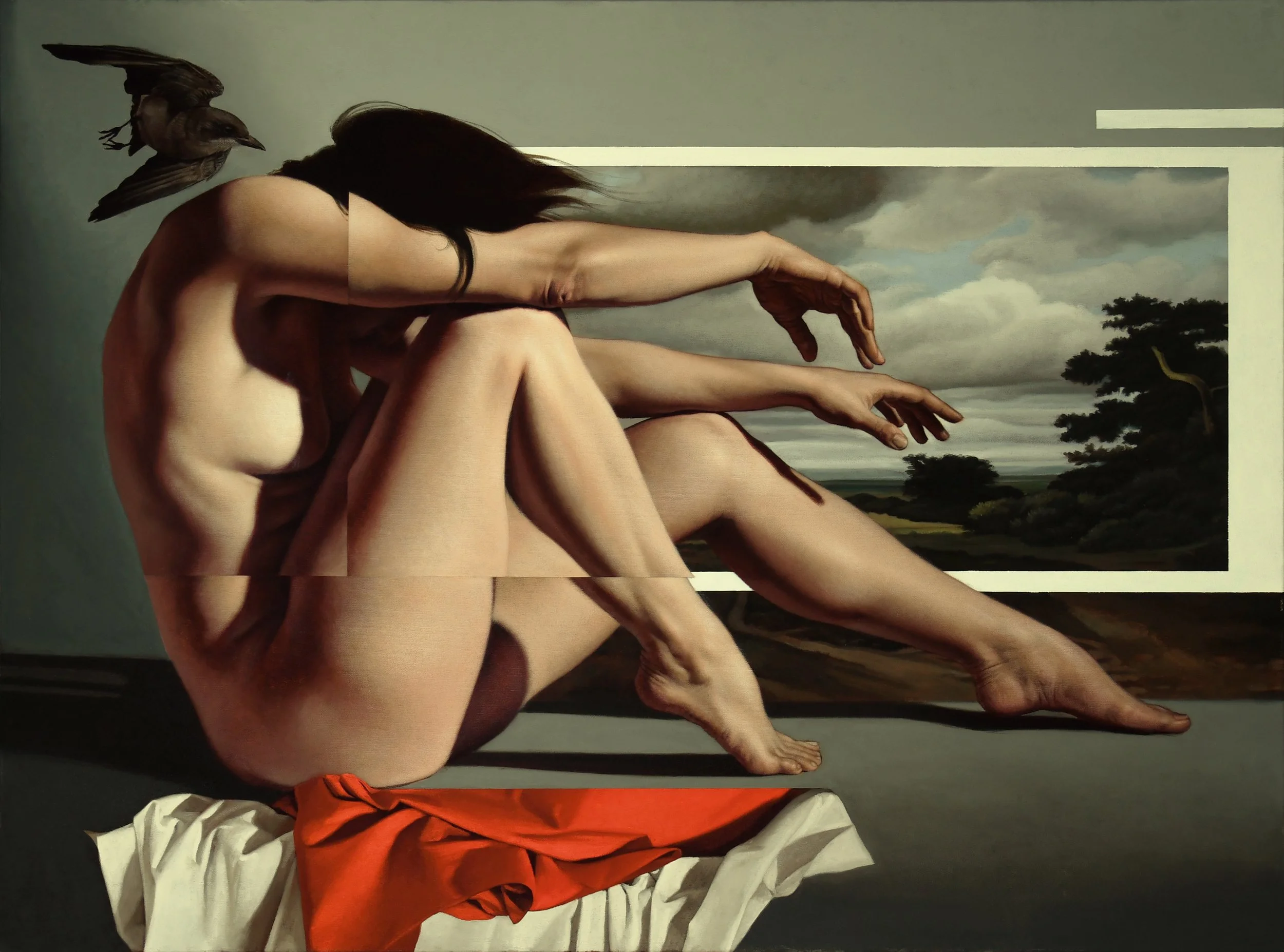 A surreal painting of a nude woman with long dark hair, lying on the ground with her arm extended, in front of a landscape with cloudy sky and trees. The woman's head has a bird with a similar dark hairstyle. The image has a fragmented, collage-like style.