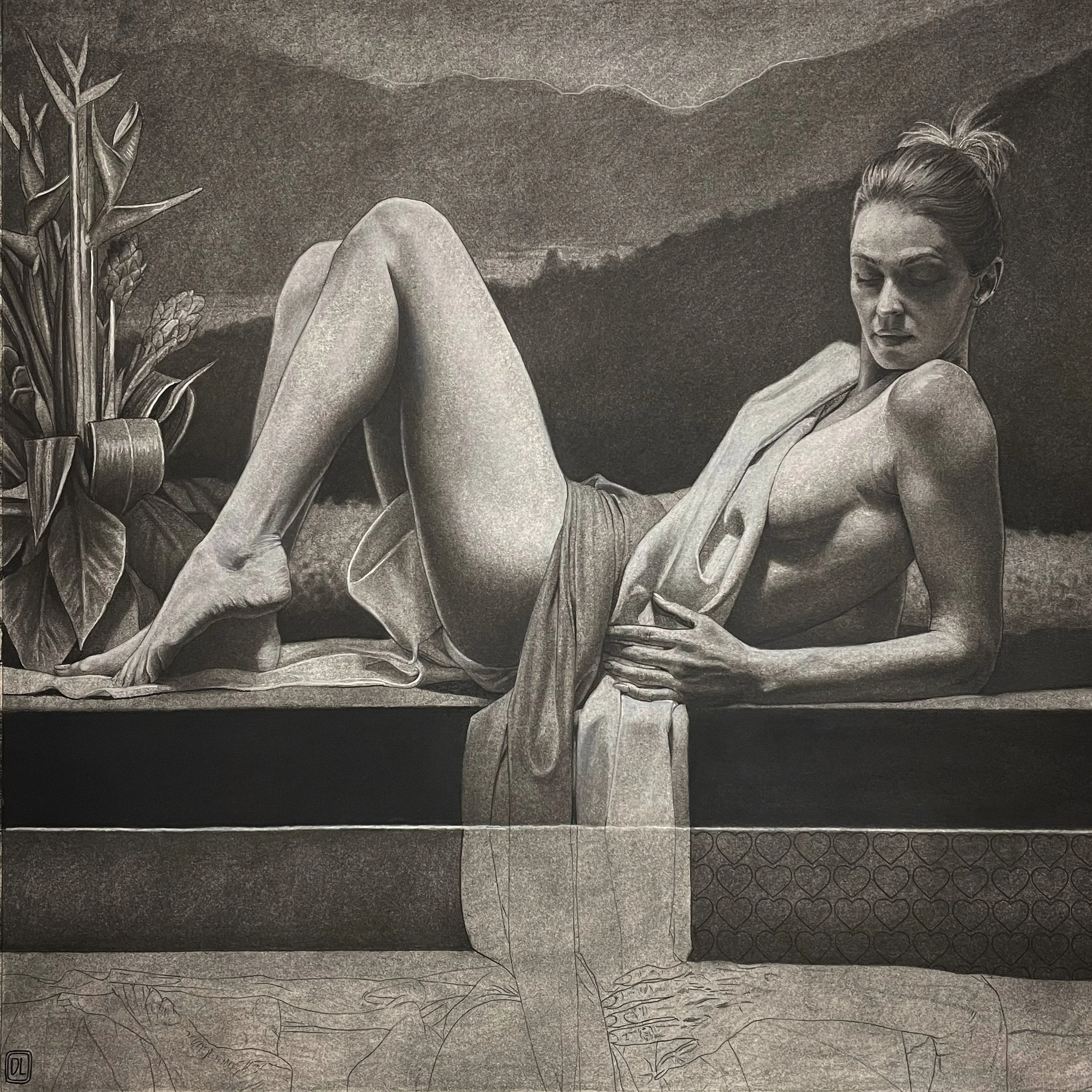 Black and white charcoal drawing of a reclining woman with her legs crossed, wearing a cloth, with a landscape background featuring mountains and trees, and a potted plant nearby.