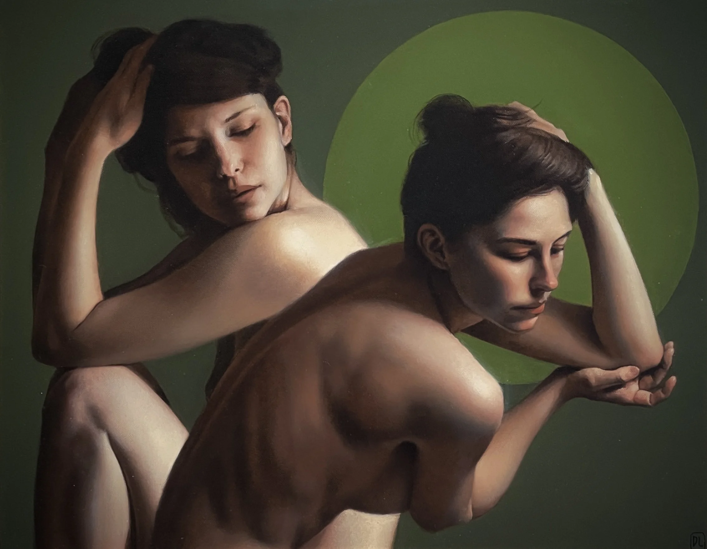 Oil painting by british contemporary artist Dylan Lisle of two tasteful nudes in dynamic poses oil on canvas uk painter