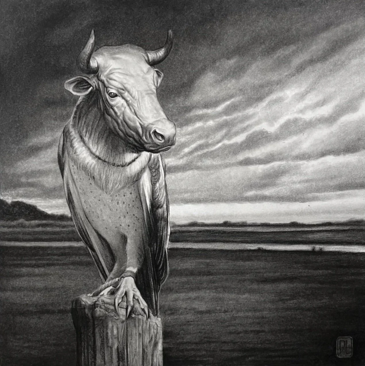 A black and white drawing of a bulldog with the body of a fish, standing on a wooden post against a cloudy sky and a distant horizon.