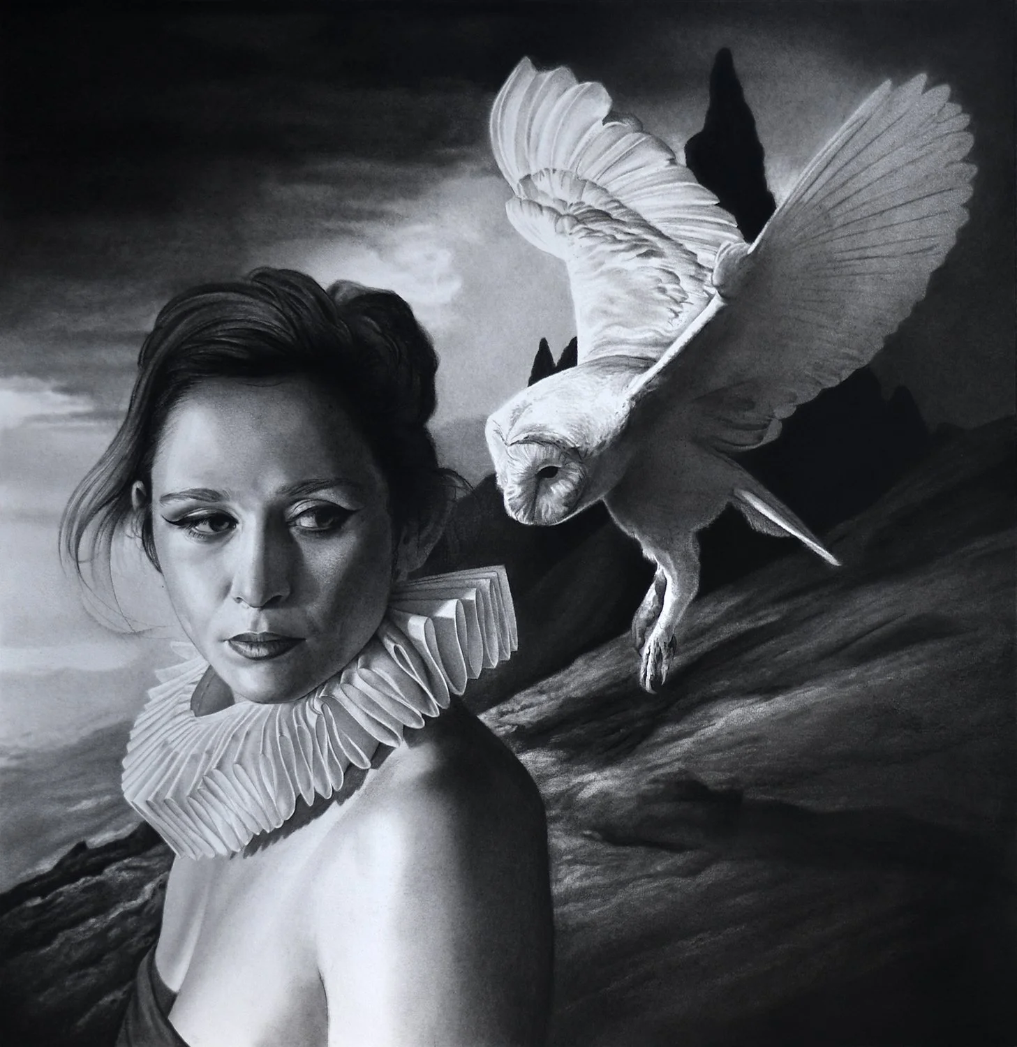 Black and white surreal artwork depicting a woman with a ruffled collar and a large bird flying near her face, set against a moody landscape with mountains and a cloudy sky.