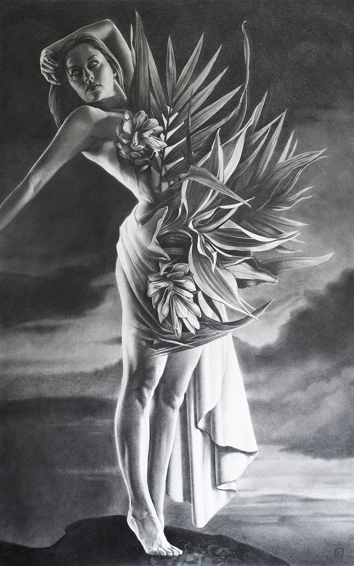 Black and white drawing of a woman with large leaves and flowers covering part of her body, standing barefoot near water, with a cloudy sky in the background.