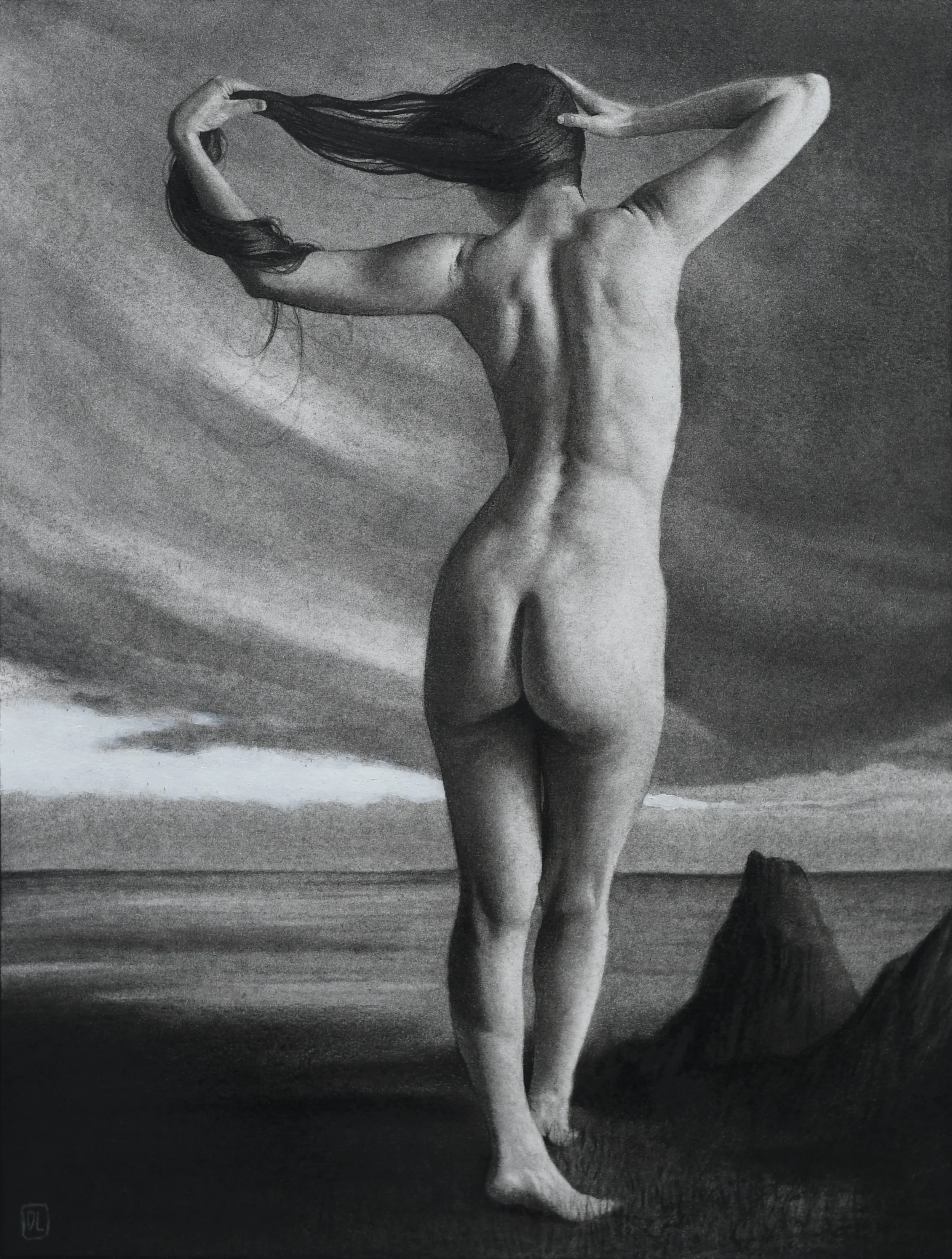 Drawing of a nude woman standing on a beach with her back to the viewer, holding her long hair with both hands, with rocks and a cloudy sky in the background.