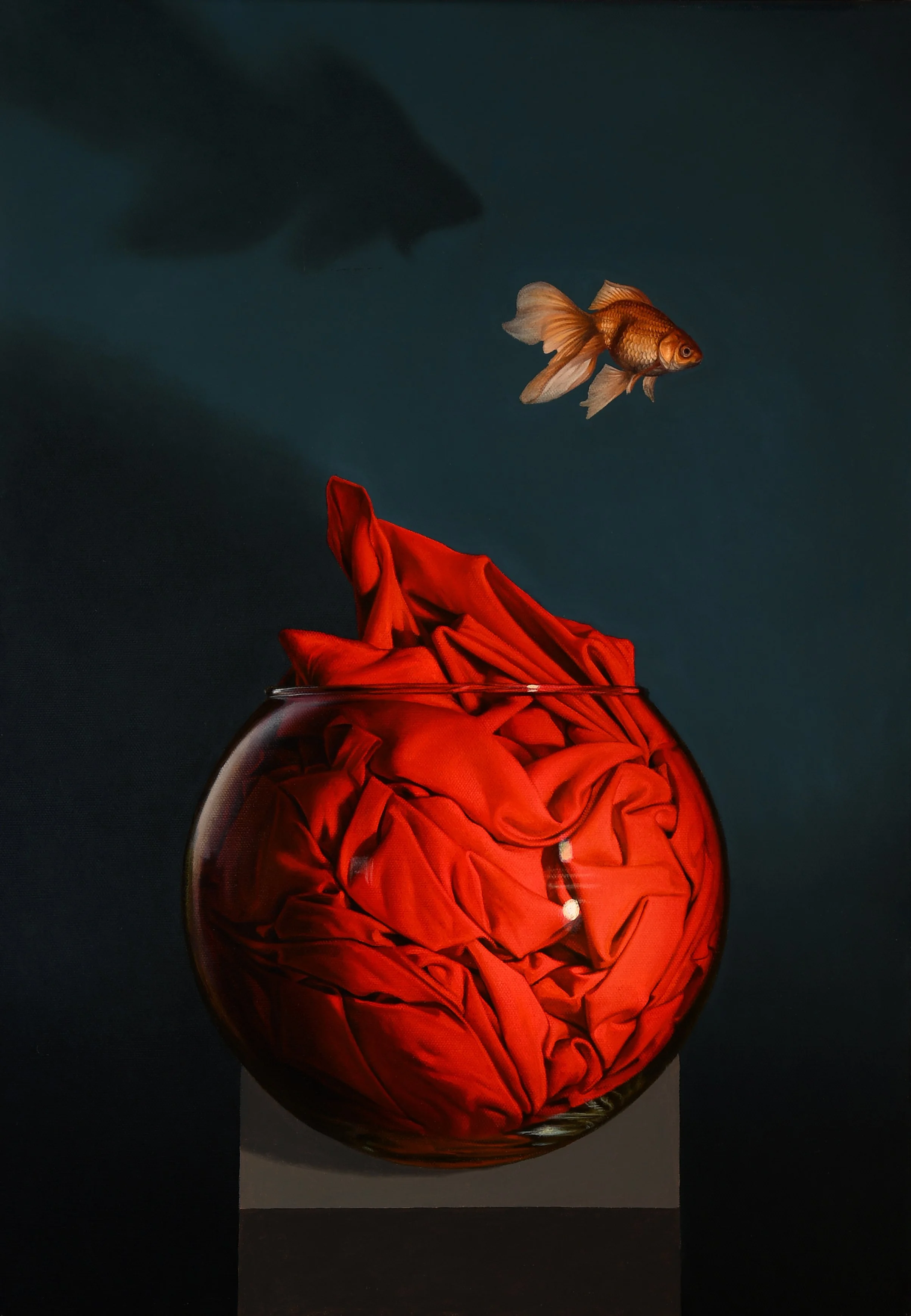 An oil painting with classical elements of a goldfish floating in mid-air above a glass bowl filled with red fabric, set against a dark background.