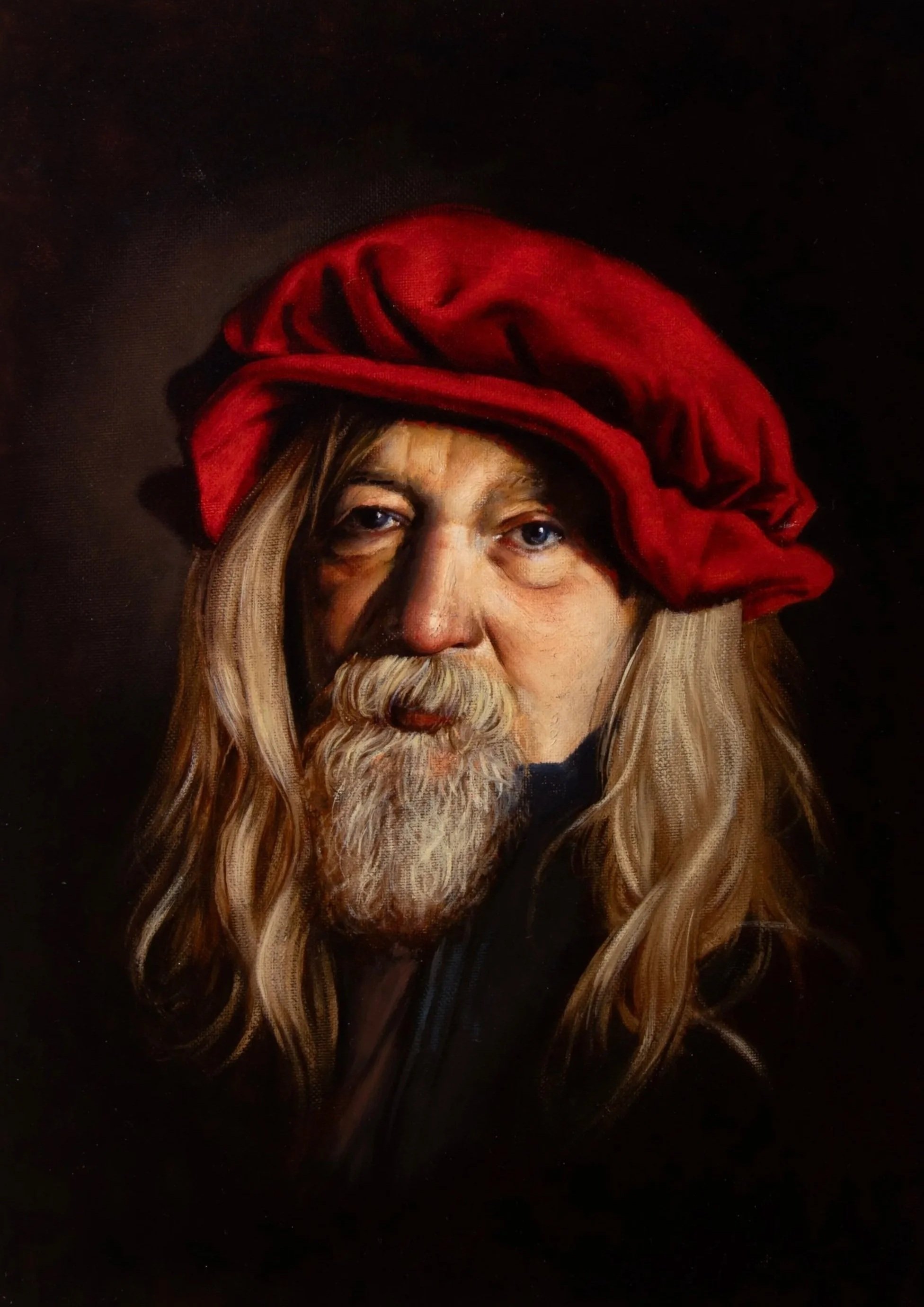 A realistic oil paint portrait of a man with long blonde hair and a white beard, wearing a red hat, against a dark background.