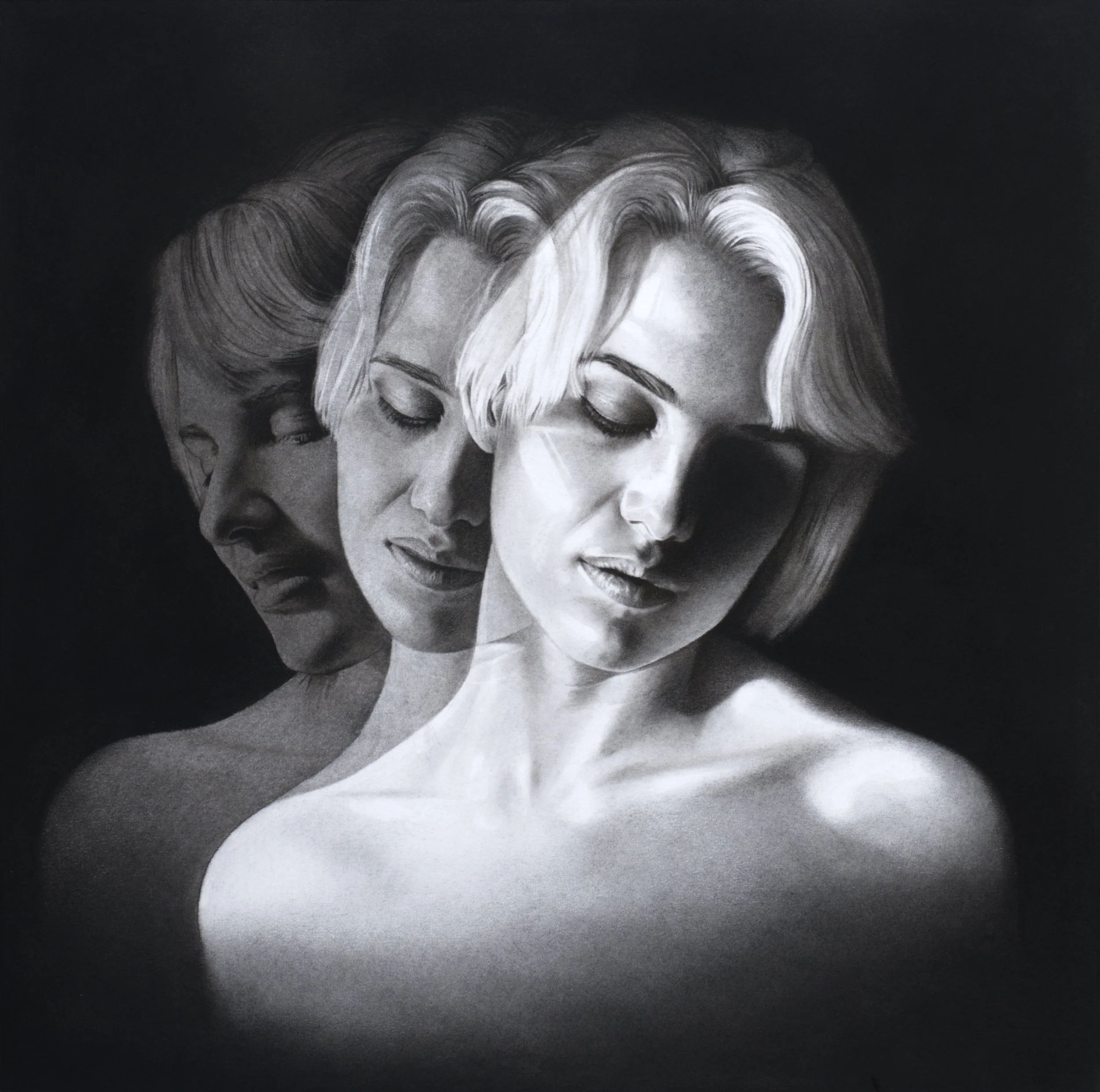 Black and white charcoal drawing of a woman in movement, three exposures overlapping against a dark background.